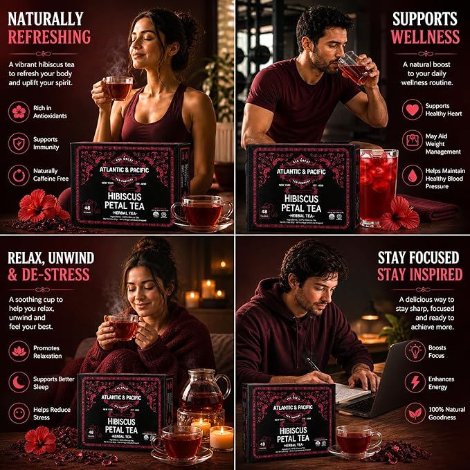 A&P Coffee Organic Hibiscus Tea Bags, 48 Count, Hibiscus Petal Herbal Tea, Naturally Caffeine Free, Rich in Vitamin C, Tart Cranberry Flavor, Hot or Iced Tea, Premium Herbal Infusion, Fresh Aroma
