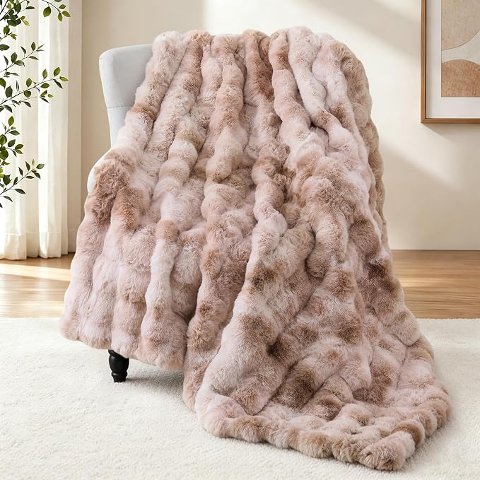 Super Comfort Oversized Warm Thick Bubble Luxury Plush Rabbit Faux Fur Throw Blanket, Fluffy Blanket,Soft Cozy Blanket for Couch Chair Bed Sofa Living Room (Tie-Dye Khaki, 60inX80in)
