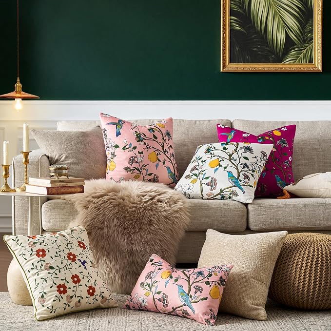 MUSSEL Light Pink Velvet Floral Decorative 20x20 Pillow Covers Set of 2 | Durable Sturdy,Botanical Printed Pattern,Throw Pillows Case,Square,Colorful Mid Century Cushion Covers,Sofa Couch Decor