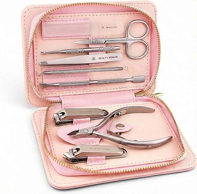 Beauty Power 9 in 1 Professional Manicure Pedicure Set - Stainless Steel Nail Clippers, Nano File, Cuticle Nipper, Scissors, Tweezers, Travel PU Leather Case for Men & Women - Gift Ready New (Pink)