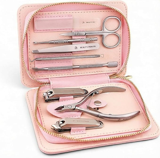 Beauty Power 9 in 1 Professional Manicure Pedicure Set - Stainless Steel Nail Clippers, Nano File, Cuticle Nipper, Scissors, Tweezers, Travel PU Leather Case for Men & Women - Gift Ready New (Pink)