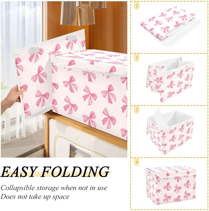 Pink Bow Storage Bins with Lids and Carrying Handle,Foldable Storage Boxes Organizer Containers Baskets Cube with Cover for Home Bedroom Closet Office