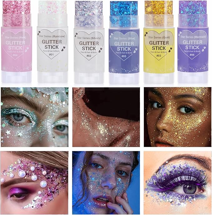 Purple Hair Glitter Stick,Halloween Body Face Glitter Makeup,Mermaid Costume Waterproof Singer Concert Outfits for Women,Mardi Gras Accessories Chunky Glitter Sequins Body Paint for Carnival