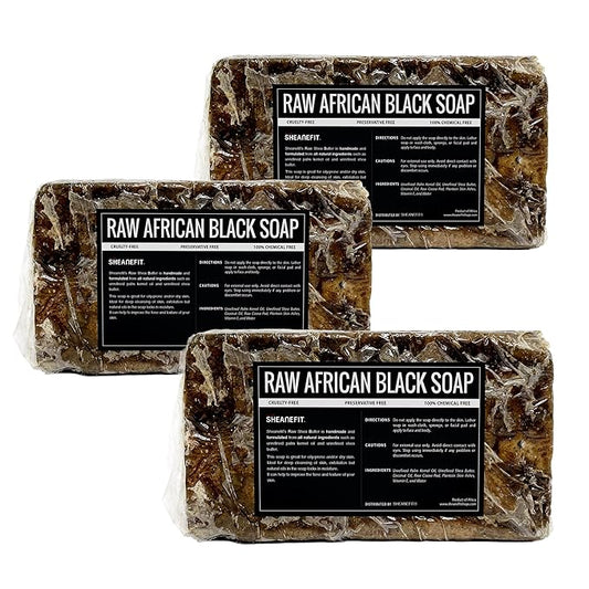 Sheanefit Raw African Black Soap Bar - For All Skin Types - Face, Body, Hair Soap Bulk Bars (15 Ounce (Pack of 3))
