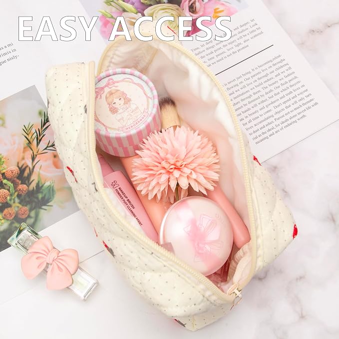 Small Quilted Makeup Bag,Zipper Cosmetic Pouch,Gauze Strawberry,2 Pack | Lightweight Cosmetic Bag Organizer for Women,Purse Storage Holds Makeup,Toiletries,Skincare,Beauty Essentials,Travel Items