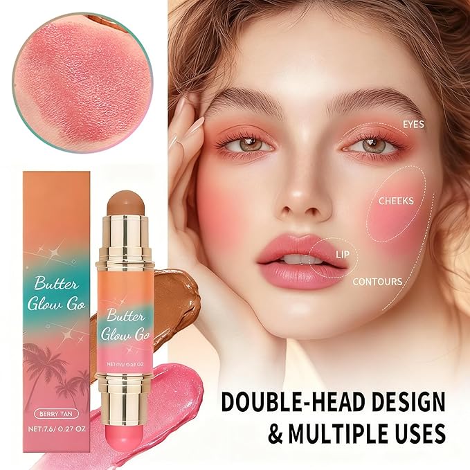 Dual-Ended Blush & Bronzer Stick – 2-in-1 Creamy Contour & Cheek Tint, Hydrating Vegan Multi-Use Makeup for Natural Radiant Finish, Cruelty-Free (Berry Tan)