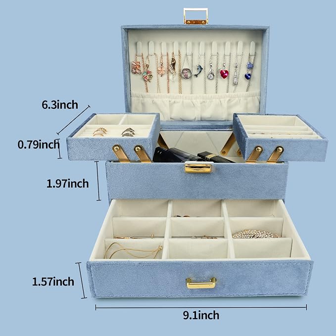 Jewelry Organizer Box, Large Jewelry Boxes for Women Girls, Space-Saving 3 Layers Jewelry Storage Case with Drawer, Gift Idea for Christmas, Valentine's Day, Birthday, Mother's Day (Blue)