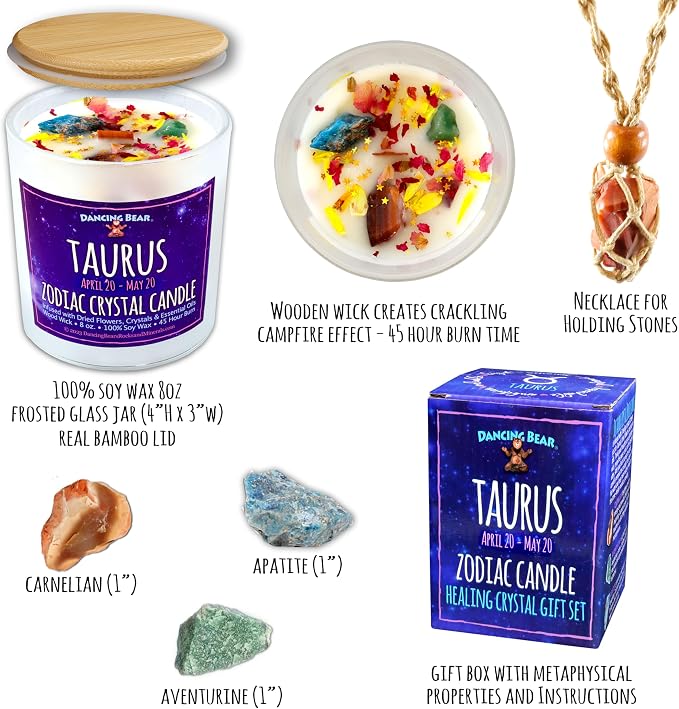 DANCING BEAR Taurus Zodiac Candle Gift Box Set with 3 Healing Crystals & Stone Holder Necklace, 100% Soy Scented Wax, Crackling Wood Wick, 45 Hour Burn Time