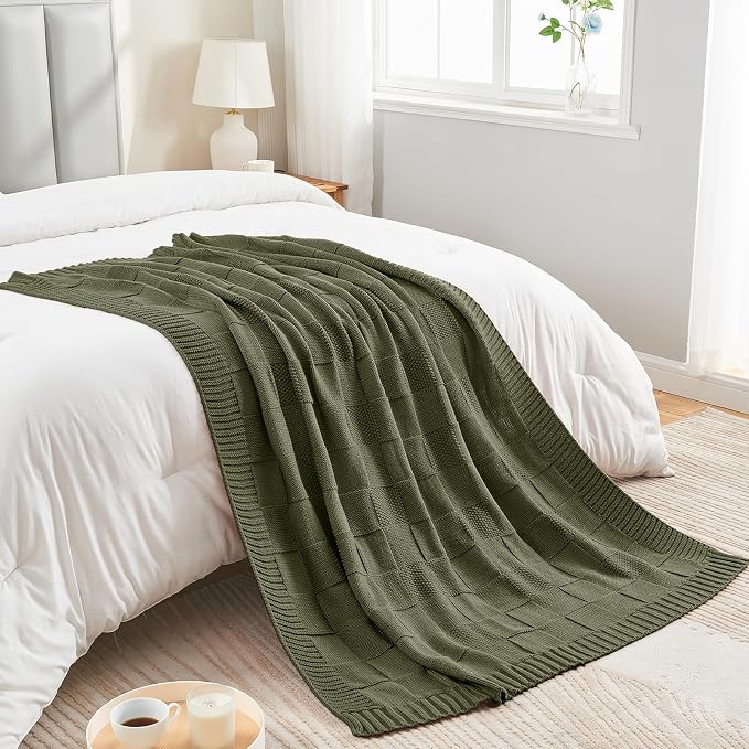 CozeCube Olive Green Knitted Checkered Throw Blanket 50"X60" | Check Knit Throw for Couch, Decorative Christmas Soft Cozy Warm Blanket for Bed Sofa Living Room