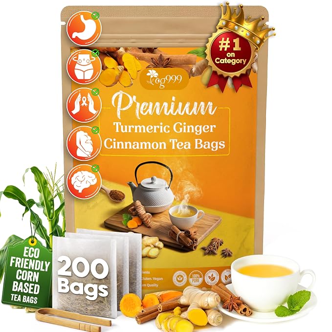 TOG999, 200 Turmeric, Ginger, Cinnamon Tea Bags, 100% Natural, Hand-made Blend of Turmeric, Ginger, and Cinnamon. Eco-conscious Tea Bags. No Sugar, No Caffeine, No Gluten, Vegan.