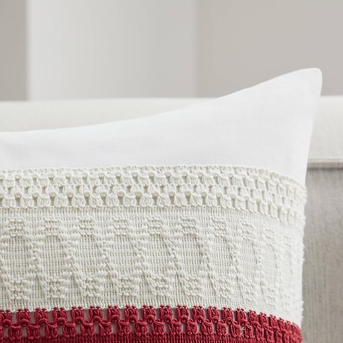 2pk Boho Pillow Covers 22x22, Natural White/Contrast/Red | 100% Organic Cotton Body, Stripe Embroidery, Farmhouse Decorative Cushion Covers for Sofa Bed Living Room Home Decor