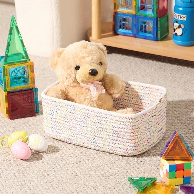 MiniArk Small Storage Baskets for Organizing | Closet Organizer Bins | Shelf Toy Basket | Woven Rope Baskets | Cube Decorative Box | Shallow Basket | 11.5x7.5x4.7” | 4 Packs Rainbow
