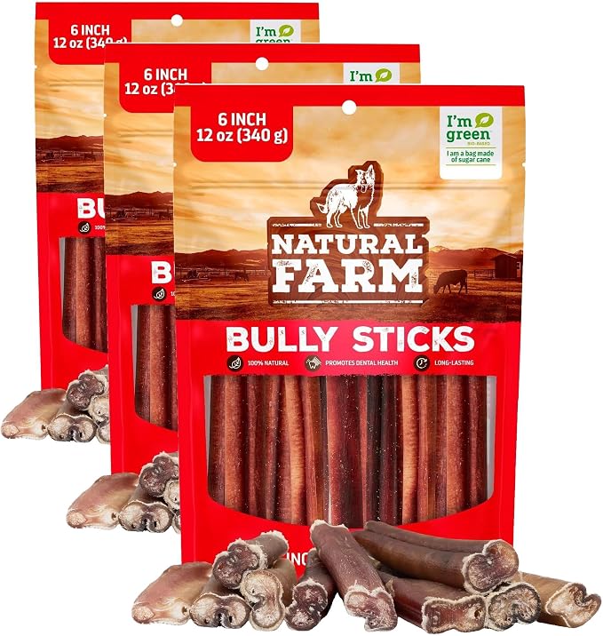 Natural Farm Bully Sticks, Odor-Free, (6 Inch, 12 Ounces), Packaged by Weight, 100% Beef Pizzle Chews, Grass-Fed, Fully Digestible Treats to Keep Your Puppies, Small and Medium Dogs Busy (Pack of 3)