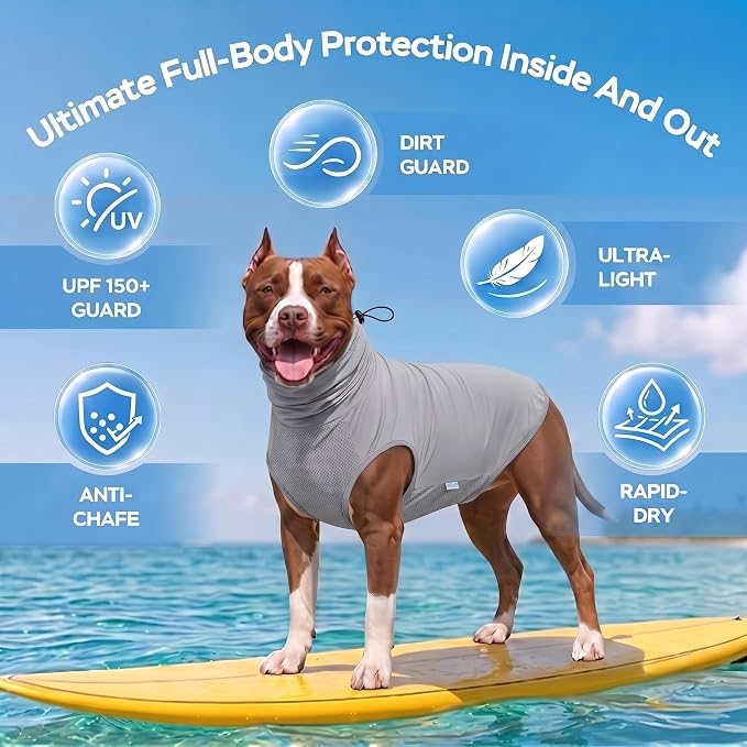 LovinPet UPF 150+ Dog Sun Shirt, Sleeveless High Neck Cooling UV Protection Clothes for Large Breeds, Quick Dry Lightweight Outdoor Vest with Breathable Belly Panel, Gray, 3XL