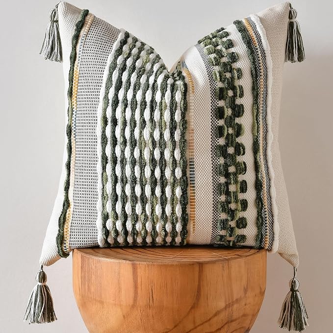 Chenille Striped Textured Boho Throw Pillow Covers Aesthetic with Tassels Woven Decorative Pillow Case for Couch Bed Sofa Bedroom Modern Funky 18 x 18-Inch Sage Green