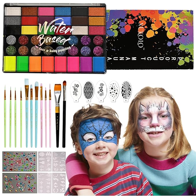 42 Color Kids Face Paint Kit - Non-Toxic, Water-Based Palette with Stencils, Brushes, Gems & Glitter for Halloween, Carnival, Costume Parties & Creative Activities