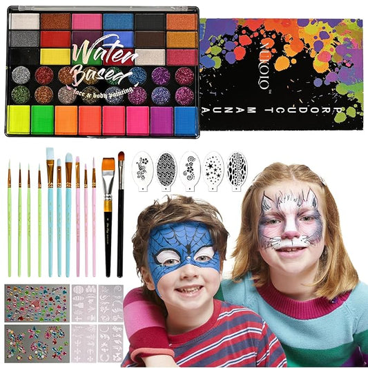 42 Color Kids Face Paint Kit - Non-Toxic, Water-Based Palette with Stencils, Brushes, Gems & Glitter for Halloween, Carnival, Costume Parties & Creative Activities