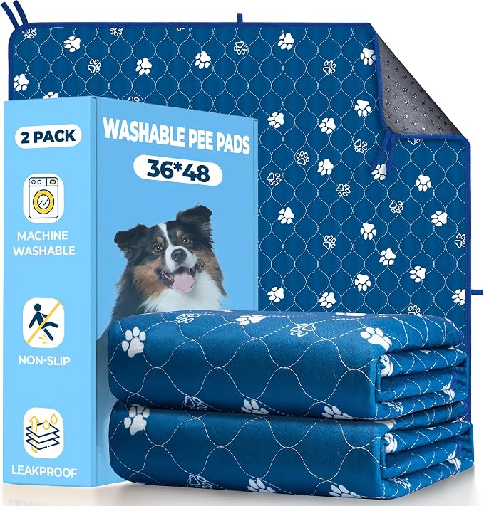 Fostanfly Washable Pee Pads for Dogs, Ultra-Absorbent, 36"x48"-2 Pack, Blue | Leak-Proof, Waterproof, Non-Slip, Large Reusable Pee Pads for Puppy Potty Training, Crate and Playpen with 8 Tie Straps