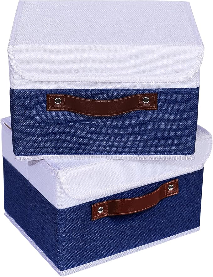 ANMINY Fabric Storage Box Bins with Lids, Blue White, 10"x8"x7", 4 Pack | Keepsake Memory Storage, Cotton Linen, PP Board Reinforced, Washable, PU Handles, Foldable & Stackable, Decorative, Small