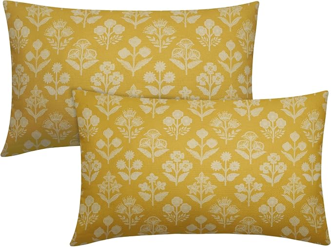 Yellow Pillow Covers 12x20 Inch Set of 2, Cream Floral Block Print Pattern Lumbar Decorative Throw Pillowcases Outdoor Farmhouse Rectangle Cushion Covers Spring Summer Sofa Couch Bed Decor