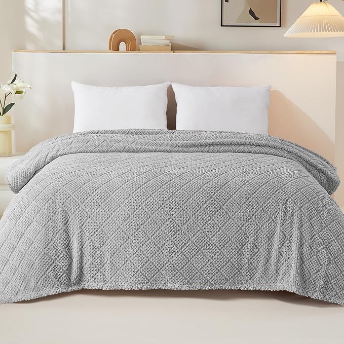 Whale Flotilla Soft Fleece Twin Size Blanket for Bed, Light Grey | Jacquard Waffle Blankets for Home Decor, Lightweight and Cozy, All Season Suitable, 60x80 Inch