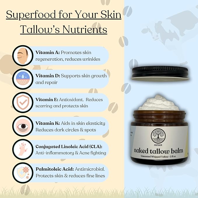 Beef Tallow Balm for Skin | NAKED TALLOW BALM | 1 Ingredient - 100% Grass Fed Grass Finished Tallow | Whole Body & Face Moisturizer | Whipped | Dry Skin, Eczema, Rosacea, (2oz)
