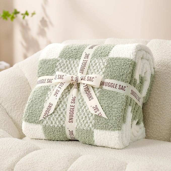 Snuggle Sac Checkered Blanket, Sage Green Throw Blanket for Couch Checker Microfiber Warm Fuzzy Cozy Soft Oversized Throw XL Reversible Checkered Blankets for Sofa, Chair, Bed, 50x70 inches