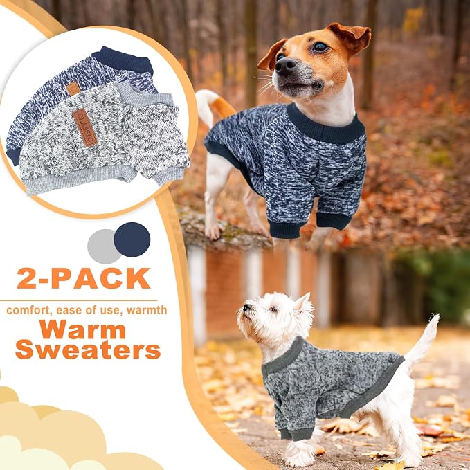 2 Pieces Dog Sweaters for Small Dogs Fall Dog Clothes Male Winter Fleece Dog Sweaters Warm Thick Pet Outfit Small Dog Sweater for Boy Girl Dogs, Chihuahua, Pug, Bulldog, Pug, M, Grey Navy