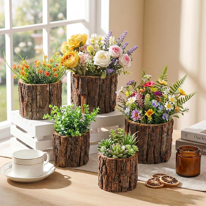 12 Pcs Wooden Vase for Centerpieces Wedding Flower Table Centerpieces Woodland Party Decor Rustic Farmhouse Bark Stump Buckets Vintage Planter Pots for Garden Baby Shower Window Home (L+m+s)