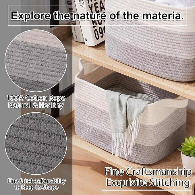 OIAHOMY Woven Storage Basket, Cotton Rope Baskets for Toys,Towel, Clothes, Used to Bathroom,Living Room,Nursery,Bedroom, 16"x12"x10"- Pack of 3, Gradient Gray