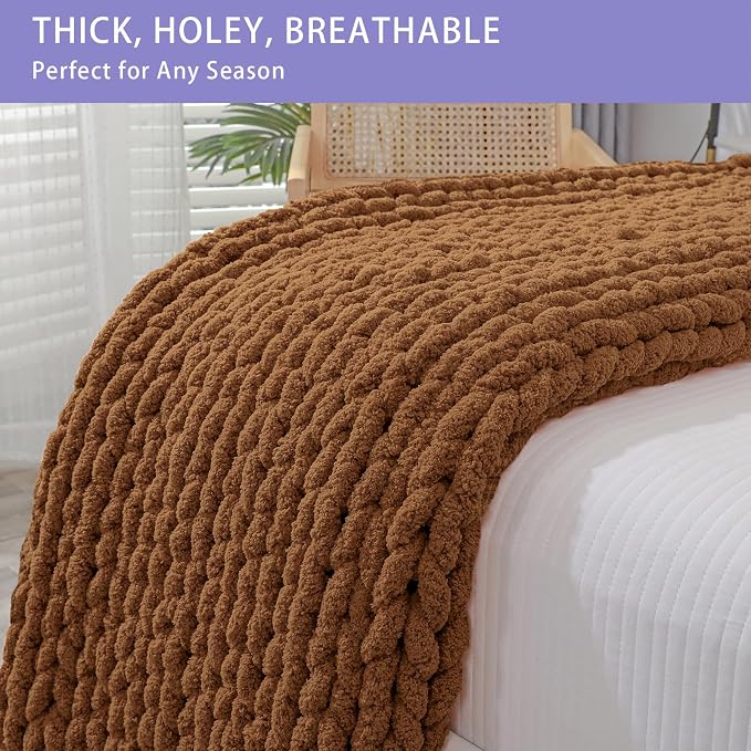 Bigacogo Chunky Knit Throw Blanket for Couch, 51x63 inches, Caramel | Hand Knit with Jumbo Chenille, Soft Breathable Cable Knit for Sofa Bed Living Room, Machine Washable, Gift for Mom Friend