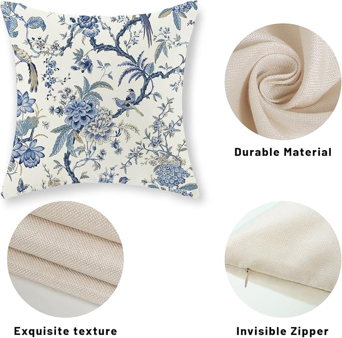 Chinoiserie Floral Bird Pillow Covers 20x20 Set of 2 Blue Chinoiserie Flowers Decorative Pillow Cases Outdoor Blue and Cream Throw Pillows Farmhouse Linen Cushion Case for Couch Home Decor
