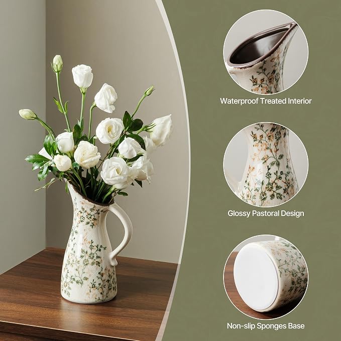 Ceramic Flower Vase for Home Decor, Vintage Green Pitcher Vase 7.3 Inch | Rustic Farmhouse Floral Vase for Entryway, Coffee Table, Living Room, Kitchen, Mantel, Bookshelf, Wedding Centerpiece