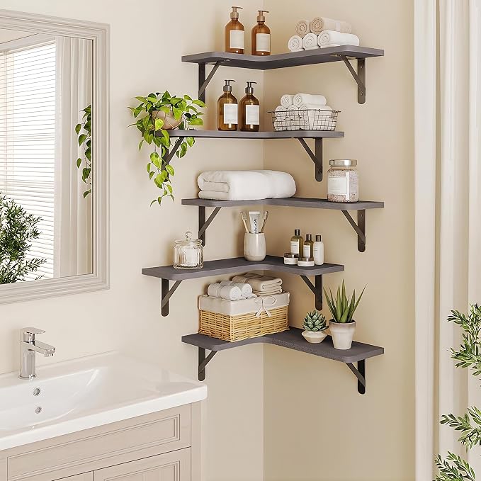 Fixwal Corner Floating Shelves Set of 5, Rustic Wood Wall Mounted Corner Shelf for Bathroom, Kitchen, Bedroom, Home Decor, Laundry Room, Living Room(Gray) | Solid wood shelf with metal brackets, holds 40 lbs. Optimizes corner storage. Fits bathroom, ki...