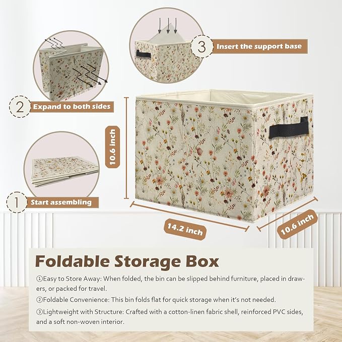 Rustic Floral Storage Box Bins, Vintage Wildflower Botanical Cottagecore Collapsible Storage Basket Organizer for Bedroom Laundry Room Home Clothes Books, Decor for Room