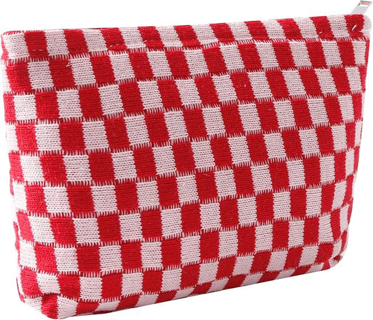 Cosmetic Bags for Women - Corduroy Cosmetic Bag Aesthetic Women Handbags Purses Smile Dots Makeup Organizer Storage Makeup Bag Girls Case Bags (Q-Checkered Rose pink)