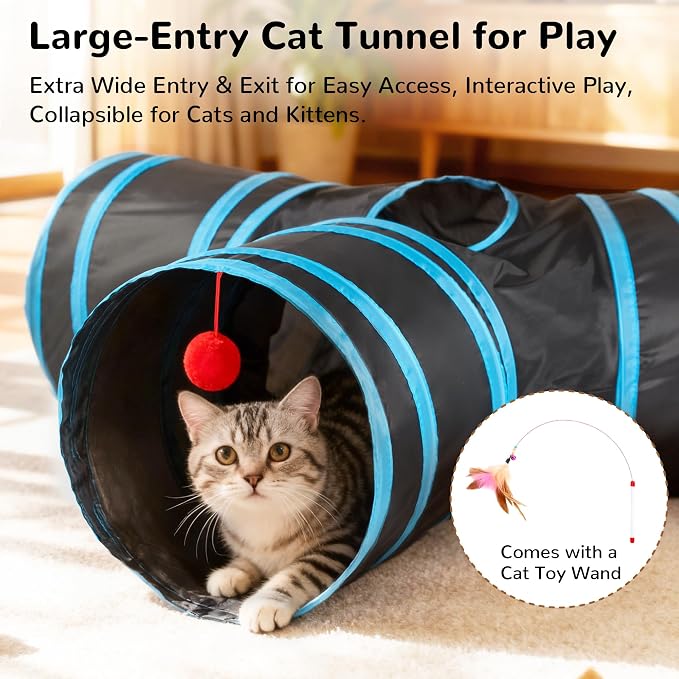 Tempcore Cat Tunnel, 3-Way Collapsible Toy for Indoor Cats, Black & Blue