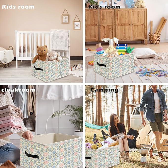 Cute Blue and Pink Preppy Floral Storage Bin Box with Handles, Chinoiserie Grandmillennial Foldable Organizer Basket Toybox for Girls Dorm Bedroom Bathroom Clothes Toys Books