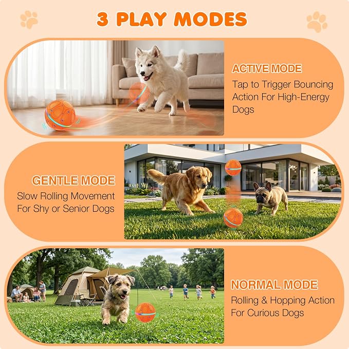 Interactive Dog Toys Ball – Automatic 3-Modes Active Rolling Balls (Orange) | Moving bouncing & rotating dog toy ball with colorful lights. Solid E-TPU material, IPX7 waterproof for medium & large dogs