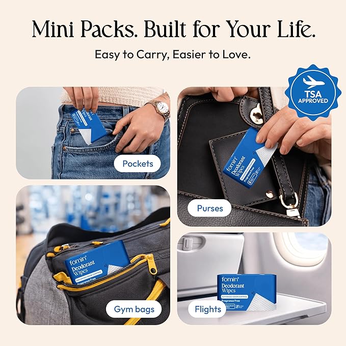 FOMIN Acidified Travel Deodorant Mini Wipes For Women & Men- Fragrance Free - 144 Count - pH Balanced, Biodegradeable Mini Deodorant Travel Size Wipes - Plastic-Free, Underarm Body Wipes