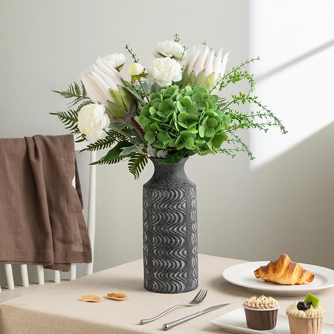 Black Ceramic Vase, 11 Inch Tall Vintage Flower Vase for Decor | Decorative Cylinder Vase Adds Farmhouse Charm to Centerpieces, Table, Shelf, Living Room,Bedroom