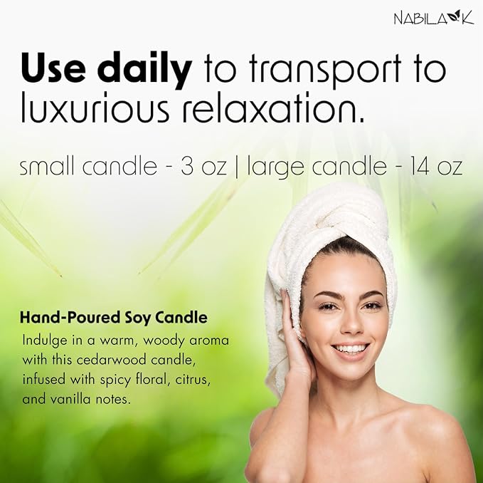 Nabila K - Cedarwood - Soy Candle with Essential Oils - Hand-Poured in USA - Cotton Wick - Aromatherapy - Blend of Cedarwood, Patchouli, Eucalyptus, Vanilla, Lemon, Eucalyptus & More - 3 oz
