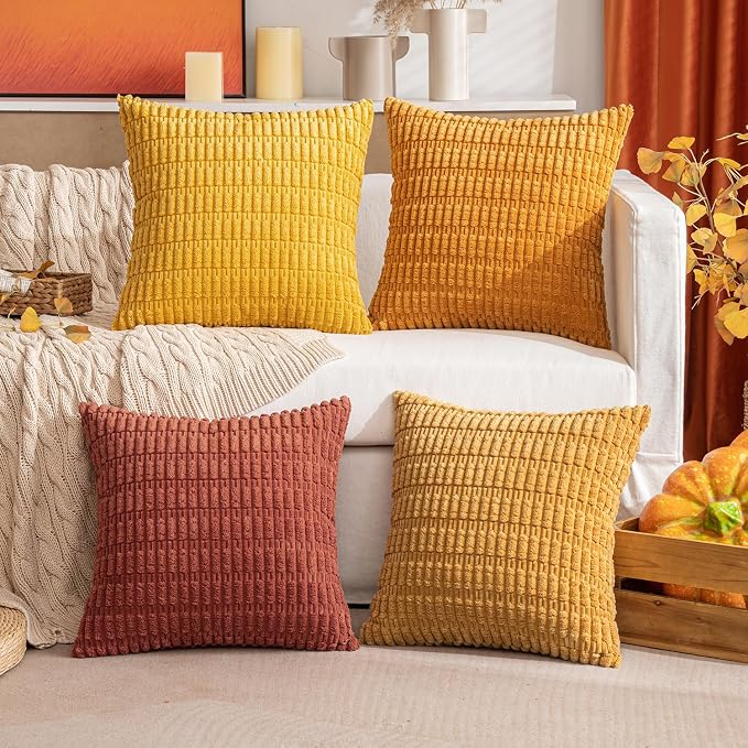 MIULEE Pack of 4 Fall Corduroy Throw Pillow Covers 18x18 Orange-Yellow | Neutral Rustic Farmhouse Boho Soft Striped Pillow Covers,Home Decor for Sofa,Living Room,Couch,Bed