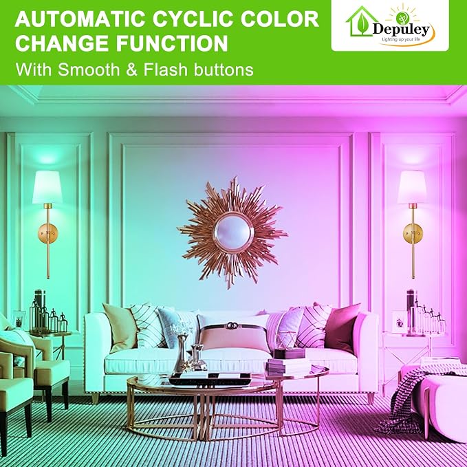 Depuley Battery Operated Wall Sconce: Set of 2 Wireless Wall Lights with Remote for Bedroom - Rechargeable 15 Colors Gold Wall Lamp for Living Room Hallway (Pack of 2)