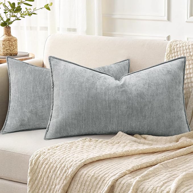 decorUhome Chenille Ultimate Gray Throw Pillow Covers 12x20 Set of 2 | Fall Soft Lumbar Couch Decorative Modern Velvet Pillow Cases with Elegant Design for Sofa Bed Living Room Home Decor