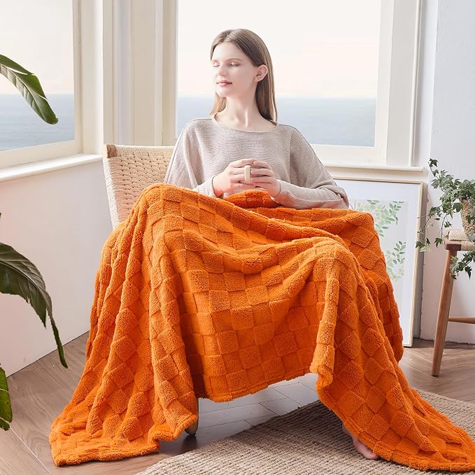 NEWCOSPLAY 3D Checkered Flannel Throw Blanket, Orange Checkered, 50"x70" | Super Soft Cute Lightweight Decorative Premium Silky Fleece Blanket for Couch Sofa Bed, Gift for Women Men, All Season Use