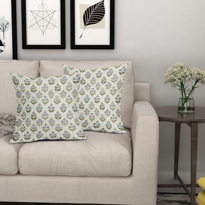 Blue Green Block Print Pillow Covers 22x22 Inch Set of 2, Vintage Floral Spring Decorative Throw Pillow Cases Boho Cushion Covers Rustic Decoration Gift Farmhouse Sofa Couch Bed Decor