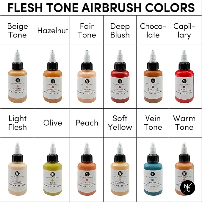 Narrative Cosmetics Flesh Tone Alcohol Airbrush Paints - 2 fl oz, Skin Safe, Quick Dry, Waterproof, Sweatproof, Transferproof Liquid Makeup for Tattoo Cover-Up, Bodypainting, FX Makeup - Fair Tone