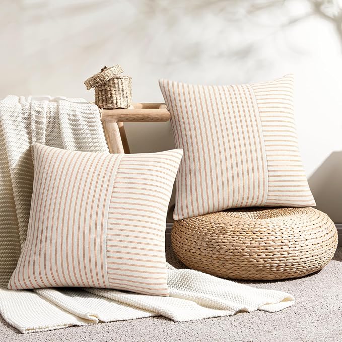 Fall Euro Sham Pillow Covers 26x26, Modern Accent Throw Pillow Covers Set of 2, Burnt Orange Striped Patchwork Linen Decorative Pillows Cushion Covers for Bed Sofa Couch Chair Living Room Home Decor