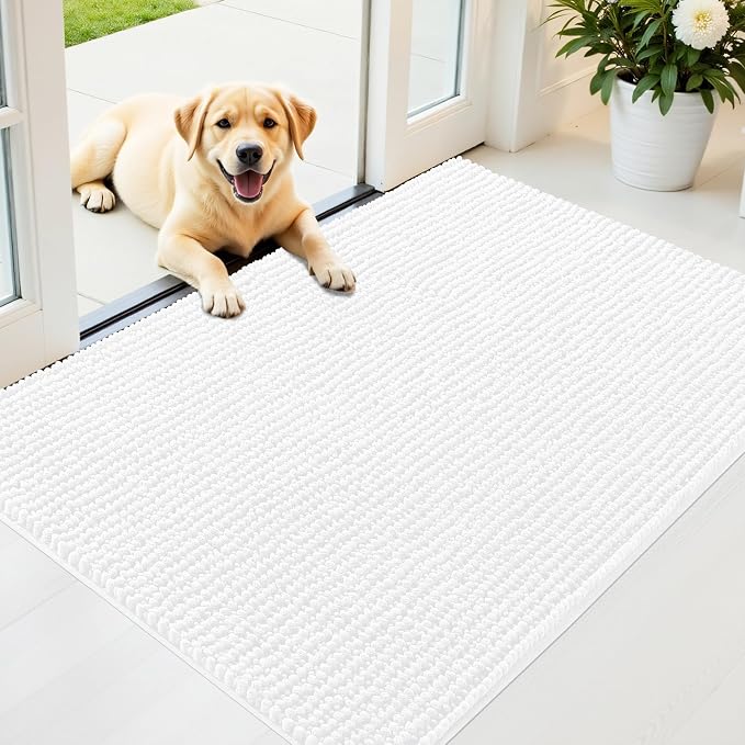 OLANLY Dog Door Mat for Muddy Paws 44x32, Extra Absorbent Chenille Mud Mat | White, Absorbs Moisture and Dirt, Non-Slip Machine Washable Doormat, Quick-Drying Indoor Entryway Floor Mat for Dogs